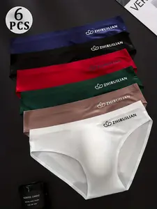Men's Breathable Ice Silk Underwear, Seamless Soft Fabric, All-Season Wear, Casual Letter Print Triangle Pants, 6pcs Set
