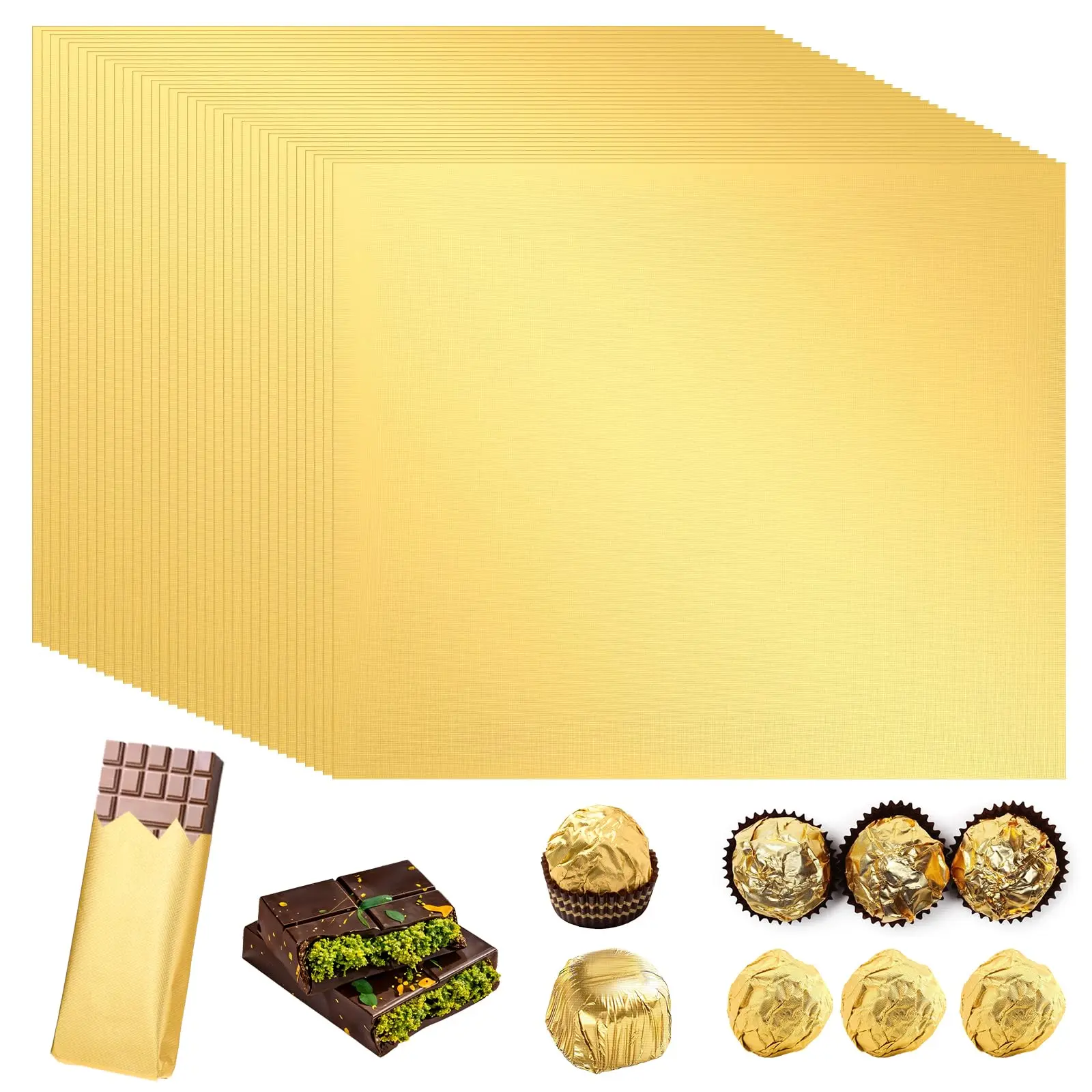 100Pcs Gold Foil Candy Wrappers Thick Paper Backed, 2 Sizes Large 7.8x7.8in (20x20cm) Small 3.94x3.94in (10x10cm), Aluminum Chocolate Wrap Sheets for Dubai Chocolate, Homemade Candy, Christmas Wedding Birthday Party Favors DIY Chocolate Bar Packaging
