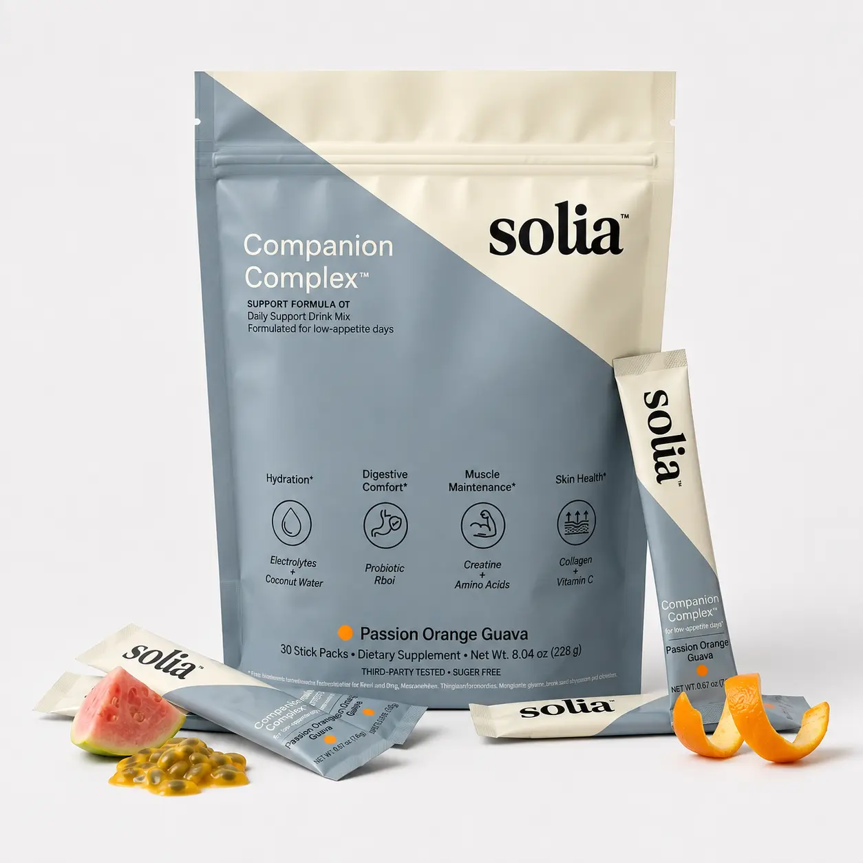 Solia Companion Complex Daily Support Drink Mix for GLP-1 Users - Electrolytes, Prebiotic Fiber, Collagen & Amino Acids - Zero Sugar Stick Packs - 30 Count, Passion Orange Guava