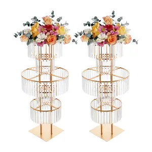 2-Pack 5-Tier Iron-Acrylic Flower Stand with Crystal Accents, Geometric Base, Electroplated Finish, 11 lbs Max Load – Floor/Tabletop Home Organizer for Garden Decor, Wedding Venue Decor