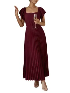 Women's Wine French Hem Pleated Princess Sleeve Square Neck Party Long Dress, Elegant Evening Gown, Perfect for Special Occasions