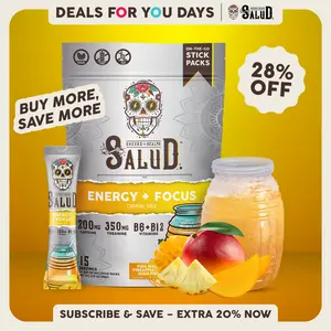 Salud 2-in-1 [Energy + Focus – Piña Mango] Clean Energy Drink Mix, Agua Fresca, Organic Caffeine (200mg), L-Theanine (350mg), B6 & B12, Non-GMO, Gluten Free, Vegan, Low Calorie, 1g Sugar (15 Servings), Deals For You Days