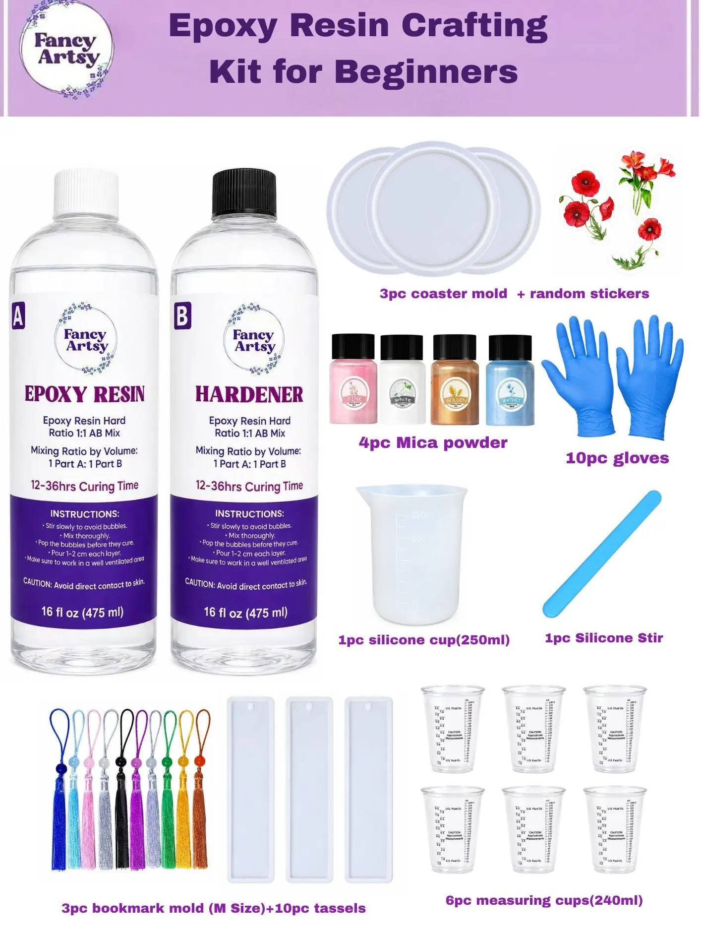 1:1 Ratio Clear Epoxy Resin DIY Starter Kit for Beginners, Transparent Casting Resin for Jewelry, Coaster & Dried Flower Crafting with Tools and Instructions