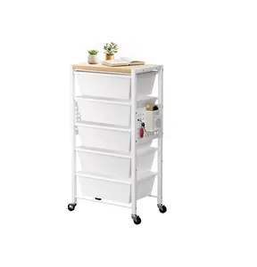 Rolling Cart with 5 Drawers, Plastic Drawer Storage Carts with Wheels & Wooden Tabletop, Metal Utility Cart with Pegboards, Office Living Room Classroom Craft Organization and Storage, Bright White