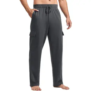 Men's Cargo Sweatpants with Pockets Open Bottom Baggy Cotton Jogger Sweatpants Uncuffed Lounge Pants Straight Leg