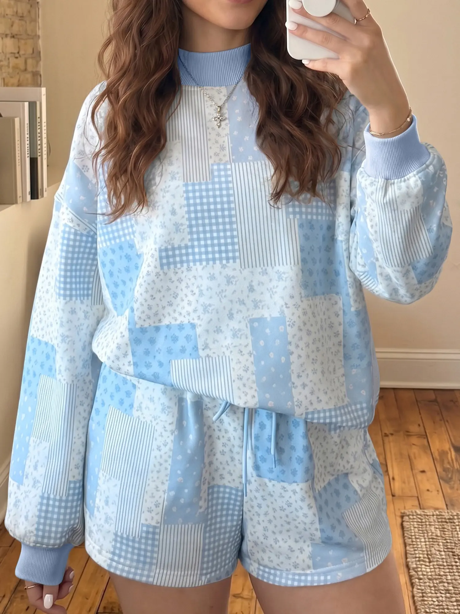 Women’s Floral Patchwork Drop Shoulder Pullover and Drawstring Shorts 2 Piece Casual Lounge Set, Adjustable, Elegance