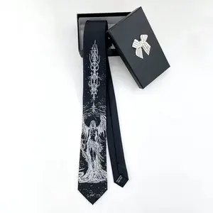 Unisex Normal Type Gothic Hell Embroidery Necktie, Black Punk Aesthetic Handcrafted Tie, Edgy Statement Accessory for Men-Women, 7x146cm Hand Tie, Embroidered Goth