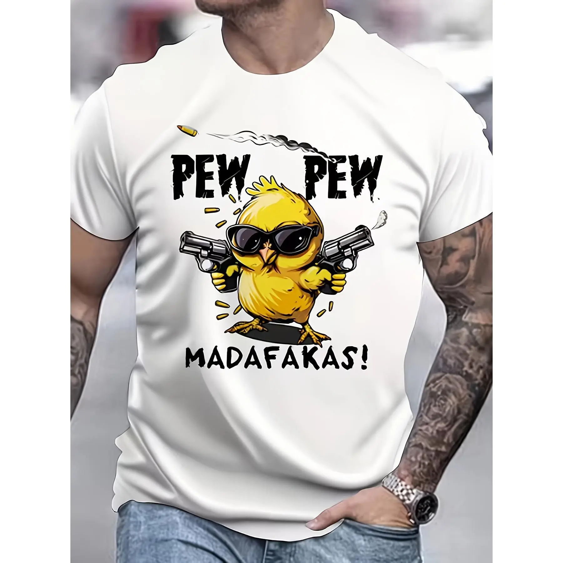 Men's Oversized Relaxed Fit Graphic Print Short Sleeve Top - "Pew Pew Madafakas" Novelty Tee, White with Yellow Cartoon Chicken & Guns Print, Breathable Lightweight Polyester, Round Neck, Machine Wash, All Season Sports Streetwear