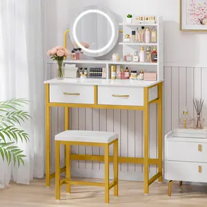 Gold Vanity Desk with Round Mirror, Makeup Vanity Table with Storage Drawers and Spacious Desktop, Modern Dressing Table for Bedroom, Elegant Makeup Desk with Mirror for Beauty Routine, Stylish Vanity Set for Home Furniture Decor