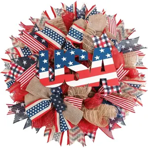 24-in Patriotic Front Door Wreath, 4th of July Decor with Red White Blue USA Tags for American 250th Independence Day Memorial Day, Festive Home Door Hanger Gift
