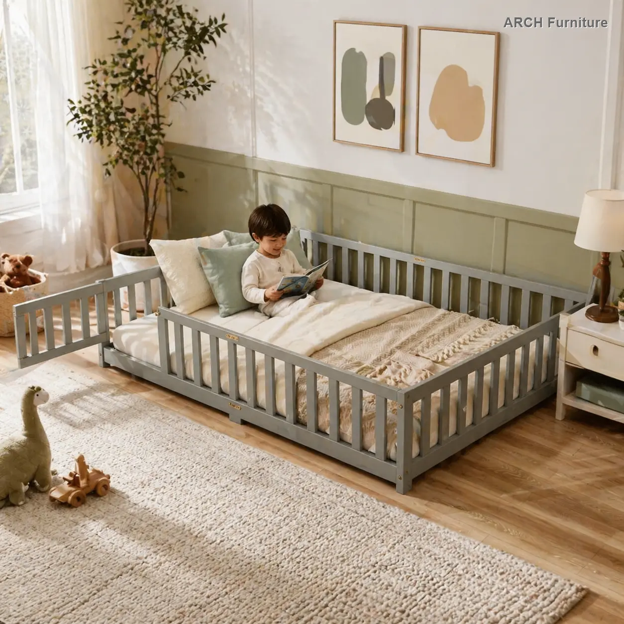 Kids' Rubber Wood Full-Size Floorbed Crib - Modern Baby Furniture, Engineered Wood, 77"x56.5"x17.5", 6in Mattress Fits, Compact Space-Saver, Safety Fence, Guardrails, Revolving Access Door for Infants