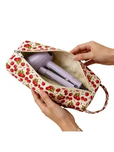 Large Capacity Quilted Cosmetic Bag - Cute Floral Print Portable Toiletry Pouch for Women Travel