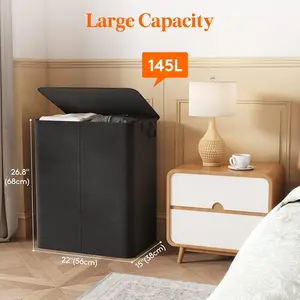 145L Laundry Basket with Lid, Large Double Laundry Hamper 2 Section Dirty Clothes Hamper for Bedroom with 2 Removable Laundry Bags, Black