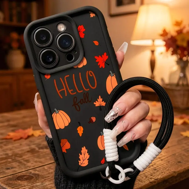 Case for iPhone 17 Pro Max 16 Plus 15 14 13 12 11 Air E with Wrist Strap Pumpkin Maple Leaf Drop Protection Shockproof Soft Silicone smartphone Cover