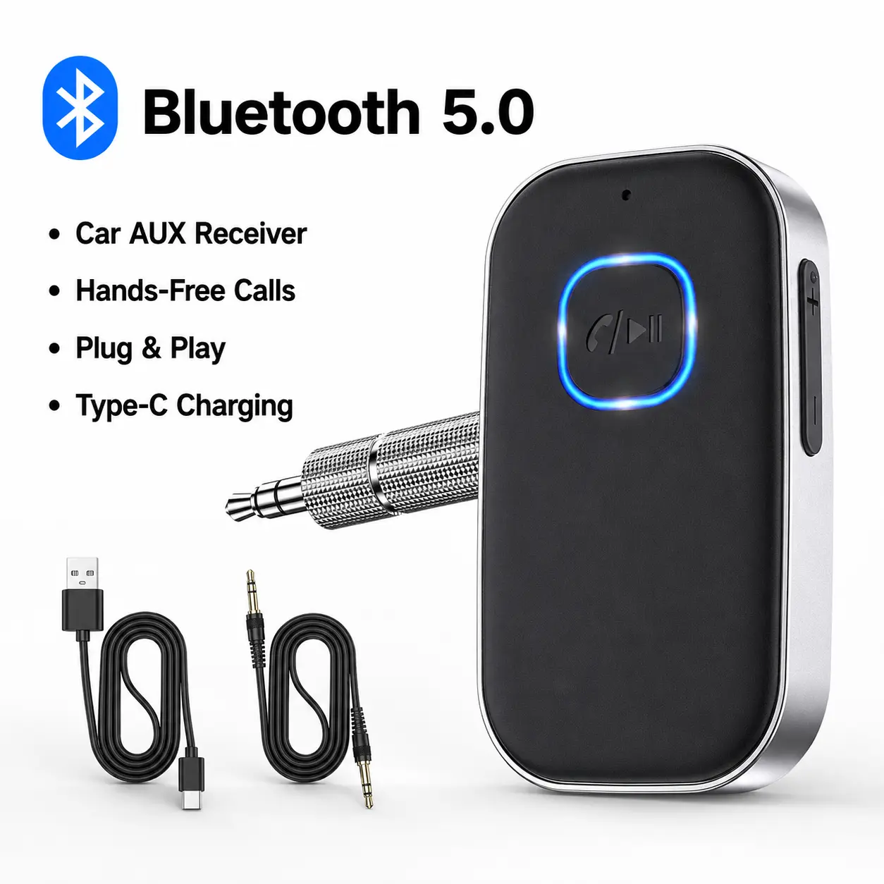Bluetooth Receiver for Car, Noise Cancelling 3.5mm AUX Bluetooth Car Adapter, Wireless Audio Receiver for Home Stereo/Wired Headphones, Hands-Free Call, 16H Battery Life