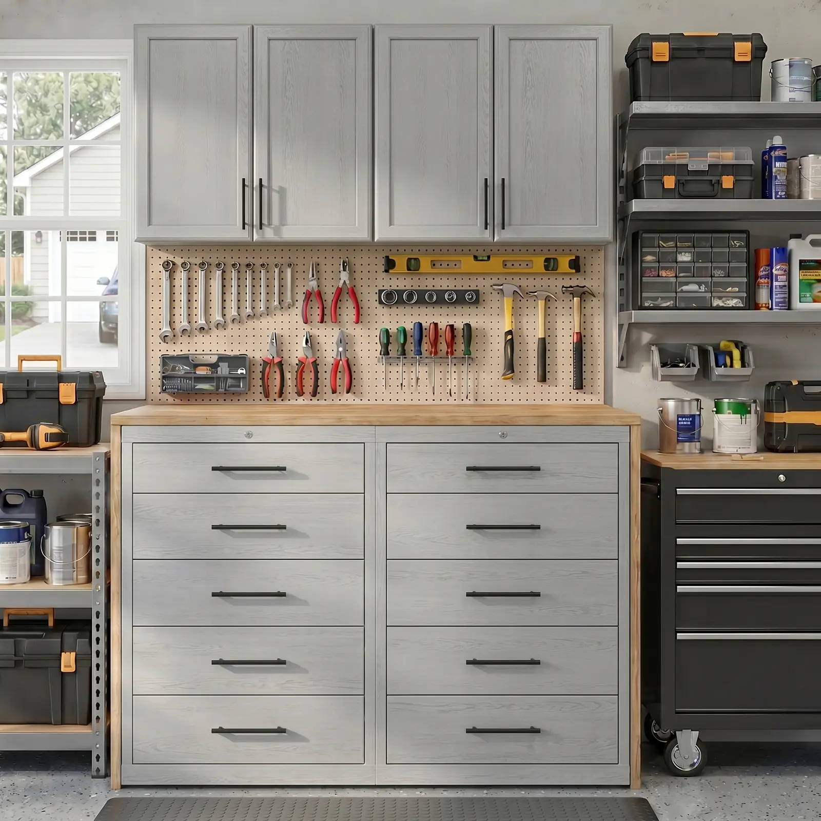 Wall Mounted Garage Storage Cabinet, 4-Door Wooden Utility Cabinet with Adjustable Shelves for Workshop, Laundry Room & Kitchen, Light Grey