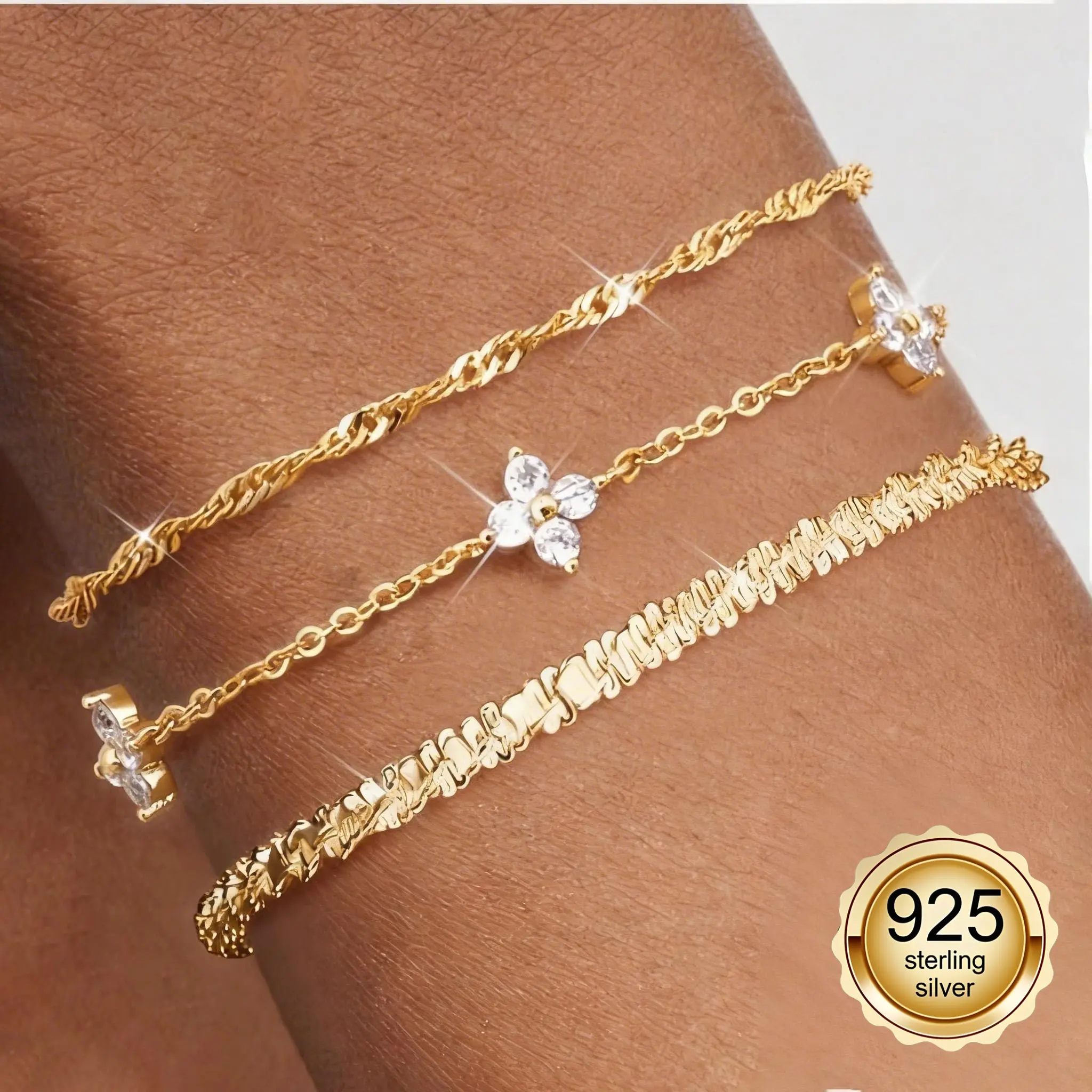 CASSIECA 3PC Bracelet Set 14K Gold-Plated Silver Bracelets for Women Sterling Silver Bracelet Set Layered Dainty Link Chain with Zirconia Bracelet Adjustable Stackable Bead Ladies Silver Bracelets Jewelry for Women