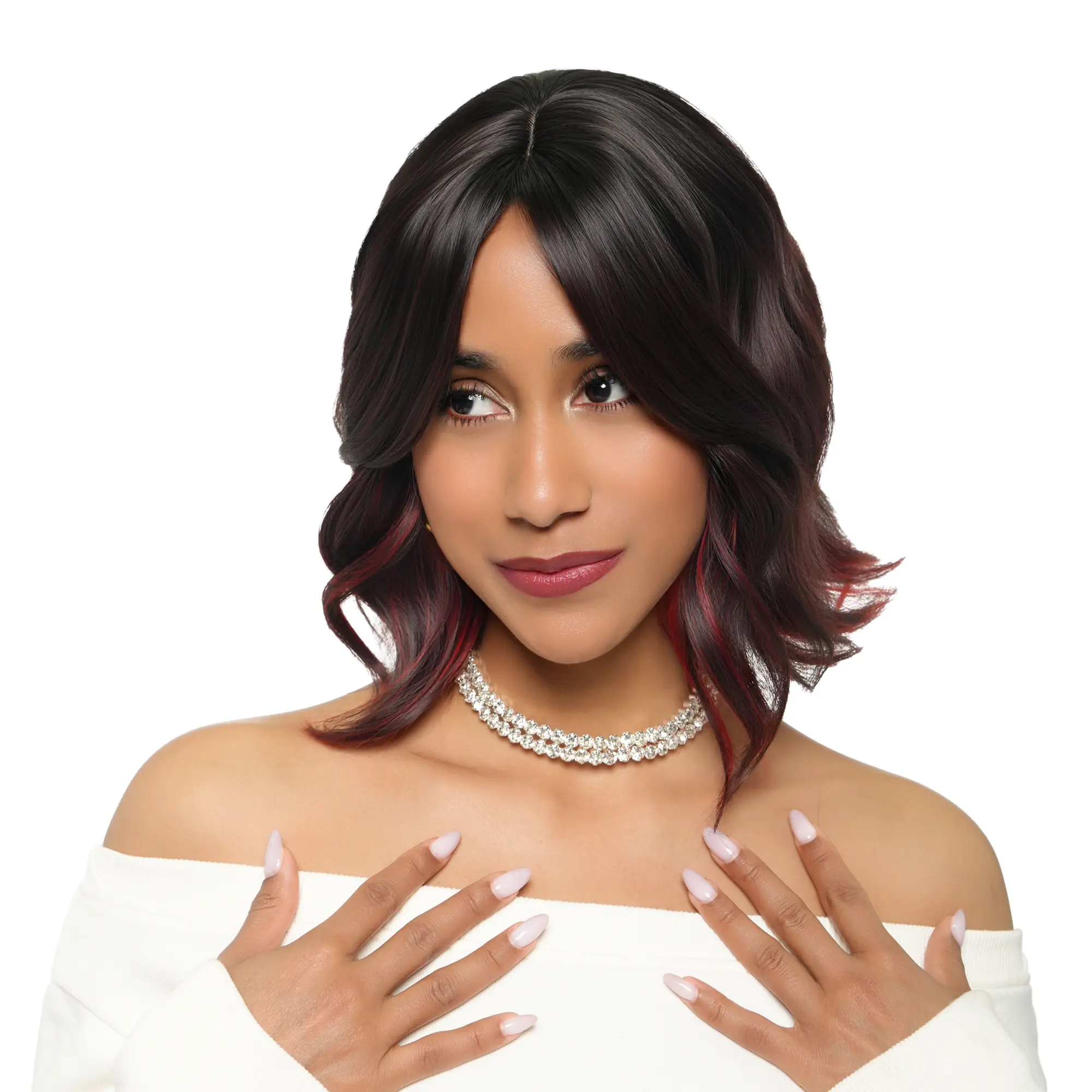10-Inch Purple Burgandy Sombre (Fiery Underlights) Free Spirit Wavy Long Bob Synthetic Wig | 【Heat Resistant】【Cap Included】 | 54FSGA