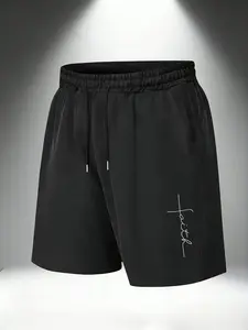 Men's Summer Faith Cross Print Drawstring Shorts, Casual Beach Gym Wear, Loose Fit Natural Waist Knit Shorts, Solid Pattern
