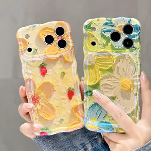 Colorful Retro Oil Painting Floral Case for iPhone 17 16 15 14 13 12 11 Pro Max ,Flower Pattern Cute Curly Wave Frame Phone Case Camera Protection, Soft Protective Cover for Girls & Women