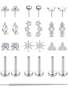 18 Pcs 20G 18G Threadless Flat Back Earrings, Hypoallergenic Push in Studs, 14K Gold Plated 316L Surgical Steel Cartilage Helix Conch Tragus Nose Ring for Women