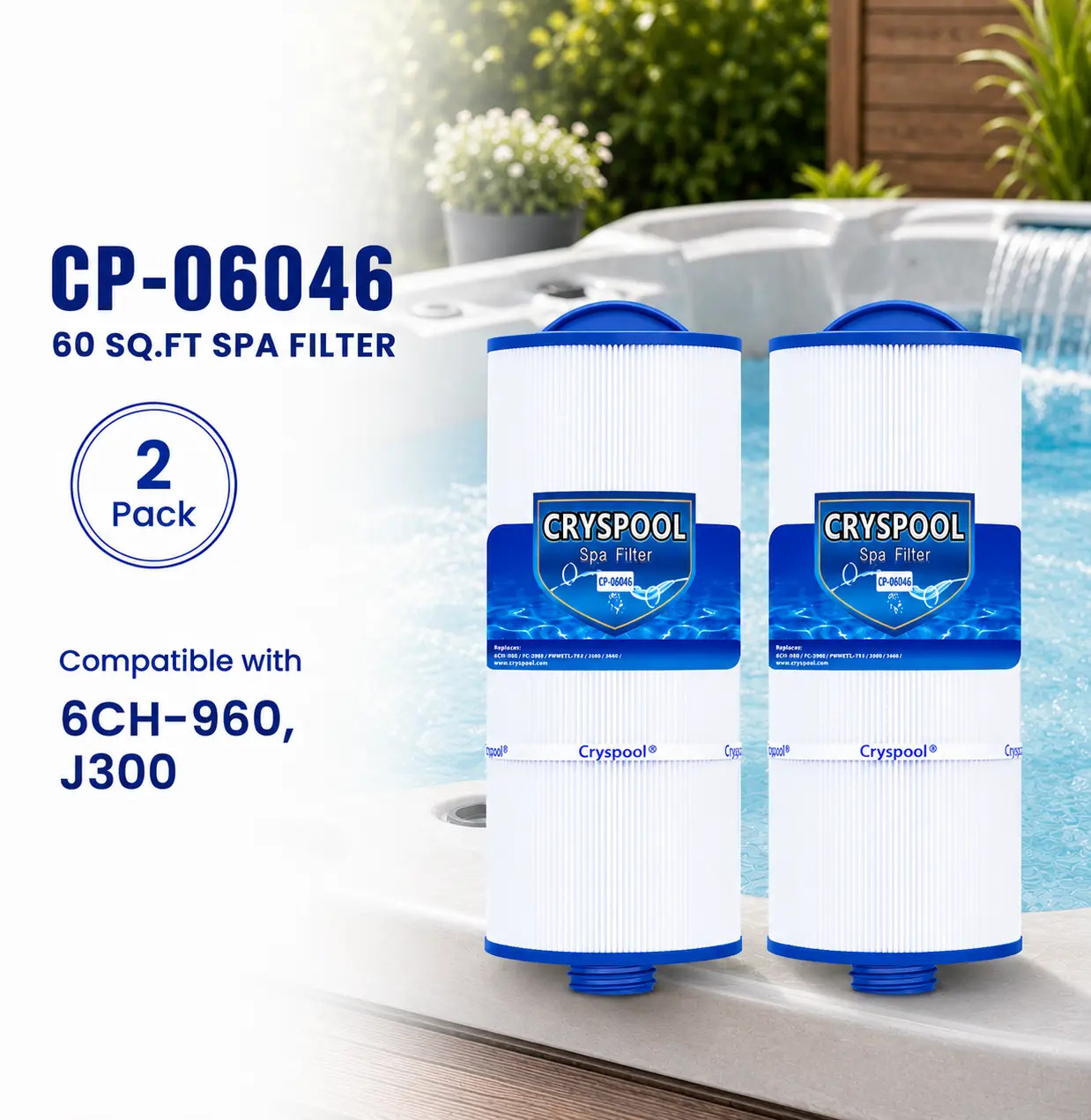 J300 Spa Filter Compatible With Unicel 6CH-960, PJW60TL-F2S, Jacuzzi Filters J-300, J400, Filbur FC-2800, 6540-476, 6540-383, Cryspool Hot Tub Filter Cartridge with Closed Handle(Not be Removed), 60 Sq.ft, Replaceable, 2 Pack