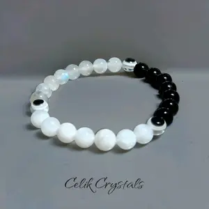 Evil Eye Bracelet featuring Labradorite, White Moonstone & Onyx 8mm Natural Stones for Healing Elegant Minimalist Bangle