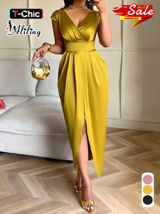 women's solid color v neck satin dress, chic fitted elegant cap sleeve split hem long dress for party dating wear, ladies summer clothes, womenswear, formal dresses women