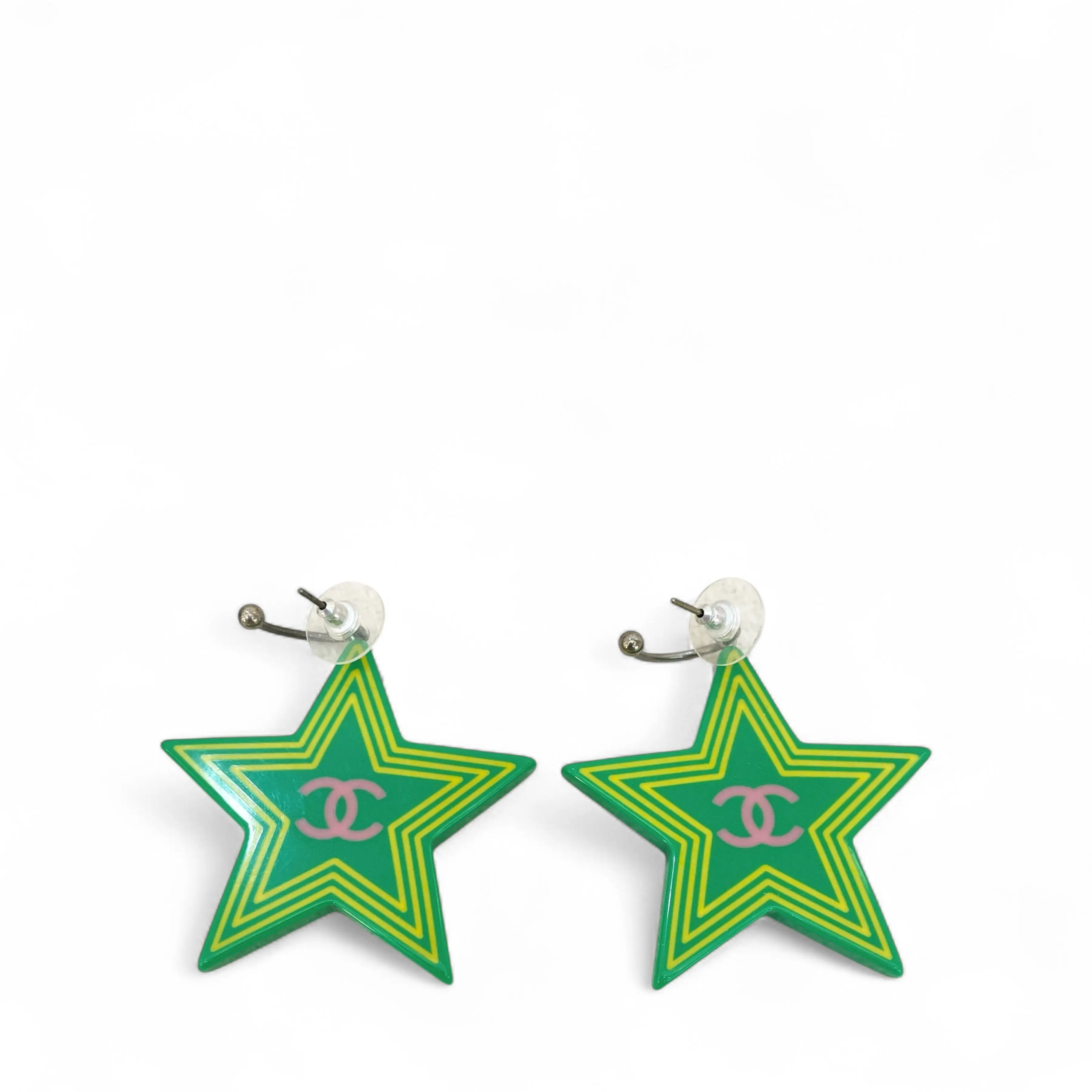 Pre-owned Chanel CC Star Earrings Plastic Metal Green Gold White (126sc)
