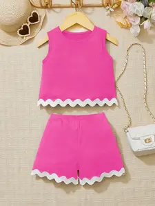 Two-piece Set Girl's Colorblock Ribbed Tank Top & Shorts Set, Casual Sleeveless Top & Shorts Outfit for Summer, Kids Clothes for Daily Wear, Summer Gift Set