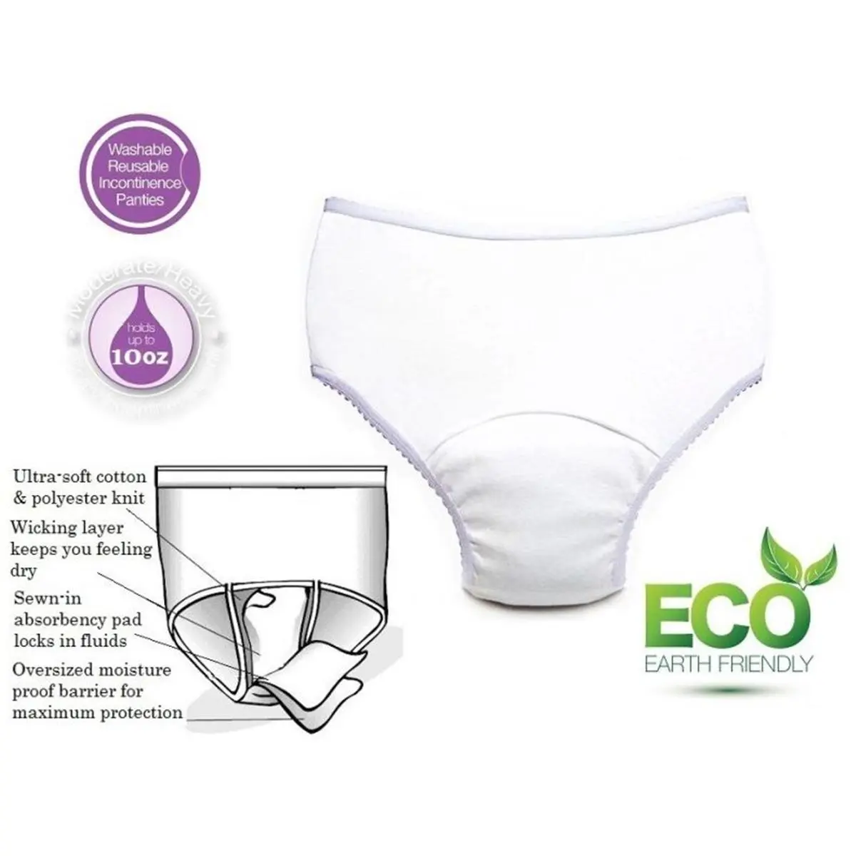 212 MAIN Women's Adults' Plus Size Oversized Waterproof Reusable Incontinence Panty - 10 oz White 100% Polyester Breathable Knit, Skin-Friendly, Cotton-Blend, Sewn-In Absorbency Pad, for Moderate/Heavy Bladder Incontinence