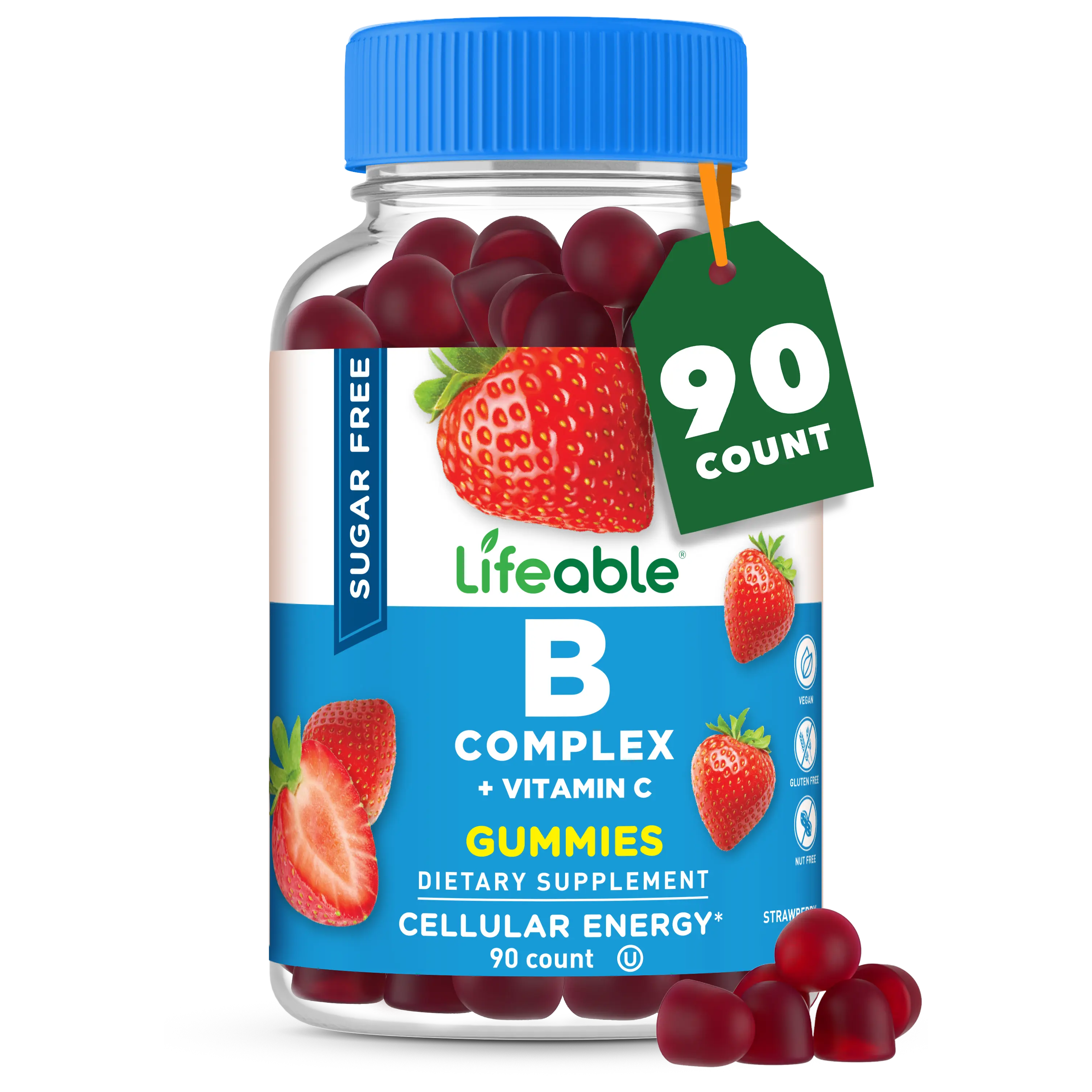 Lifeable Sugar-Free Dairy-Free Adult Dietary Healthy Supplements - Vitamin B Complex (6 B Vits) & Vitamin C Strawberry Flavor Chewable Gummies, 90 Count for Energy Support, Nutritional Boost, Nerve Health