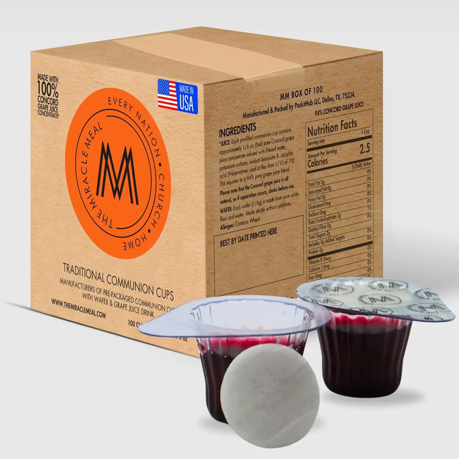 Disposable Pre-filled Communion Cups with Grape Wafer and Concord Grape Juice - Box of 100