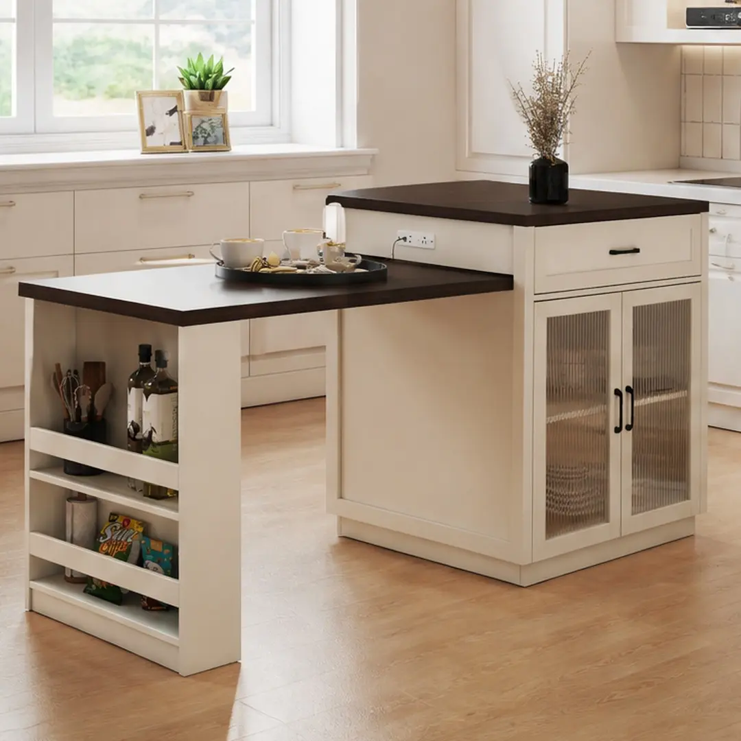 ARCH Extendable Creamy White MDF-Glass Tabletop Kitchen Island - 83.1'' Dual Storage Dining Room Furniture, Water Resistant, Slide-Out Table, Spice Rack, Glass Spice Display, Power Outlet, USB Port, Breakfast Bar, Prep Workstation for 2-6 People, Expandab