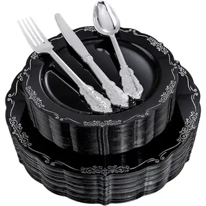150 Pcs Black and Silver Plastic Plates and Silverware, Disposable. Include 30 Dinner Plates, 30 Dessert Plates, 30 Knives, 30 Forks, 30 Spoons for Wedding