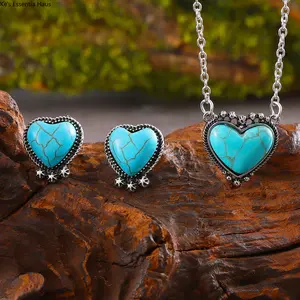 Viral Western Boho Turquoise Heart Jewelry Set Antique Silver Vintage Filigree Heart Turquoise Pendant Necklace Stud Earrings For Women Cowgirl Aesthetic Daily Wear Festivals Bohemian Outfits
