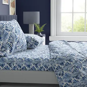 Blue Indigo Palms Floral King Size Bedsheet Super Soft Wrinkle Resistant Tropical Leaves Pattern Bedding Set Vibrant Print All-Season Bed Sheets for Girls Teens