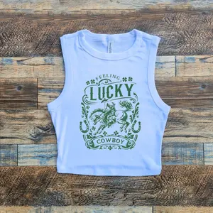 Feeling Lucky Cowboy Micro Ribbed Tank, St. Patrick's Day Crop Tank, Y2K Coquette Tank Top, Ireland Shirt, Cute St Paddys Tee, Irish Graphic Tee