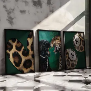 Dark Green Leopard Prints Set of 3 Wall Art Print Pool Ball and Bow Trendy Good Vibes Only Gallery Home Decor Heart Cheetah Print Posters