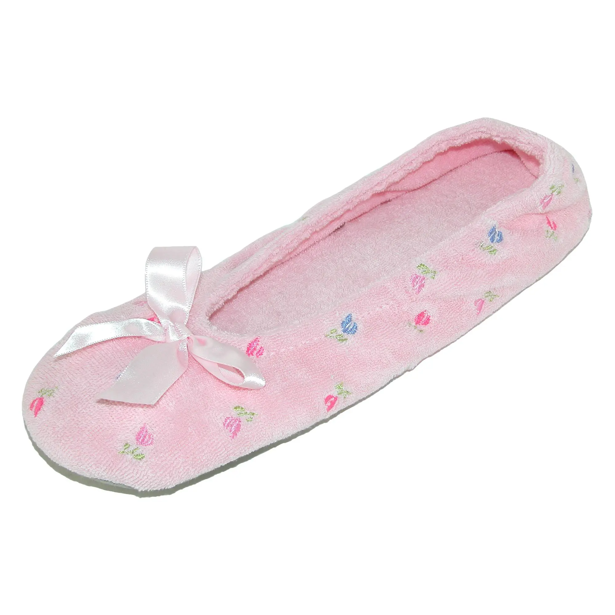 Isotoner Women's Embroidered Cotton Terry Ballerina Slippers - Soft Shoe, Comfortable Women's Footwear, Slide
