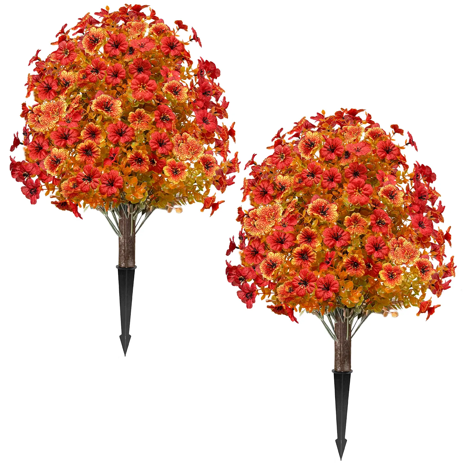 2-Pack 25" Fall Artificial Mums Topiary Ball Trees with Ground Spike, UV-Resistant Boxwood Greenery Shrub, Faux Violet Plant for Garden, Porch, Autumn Outdoor Home Decor