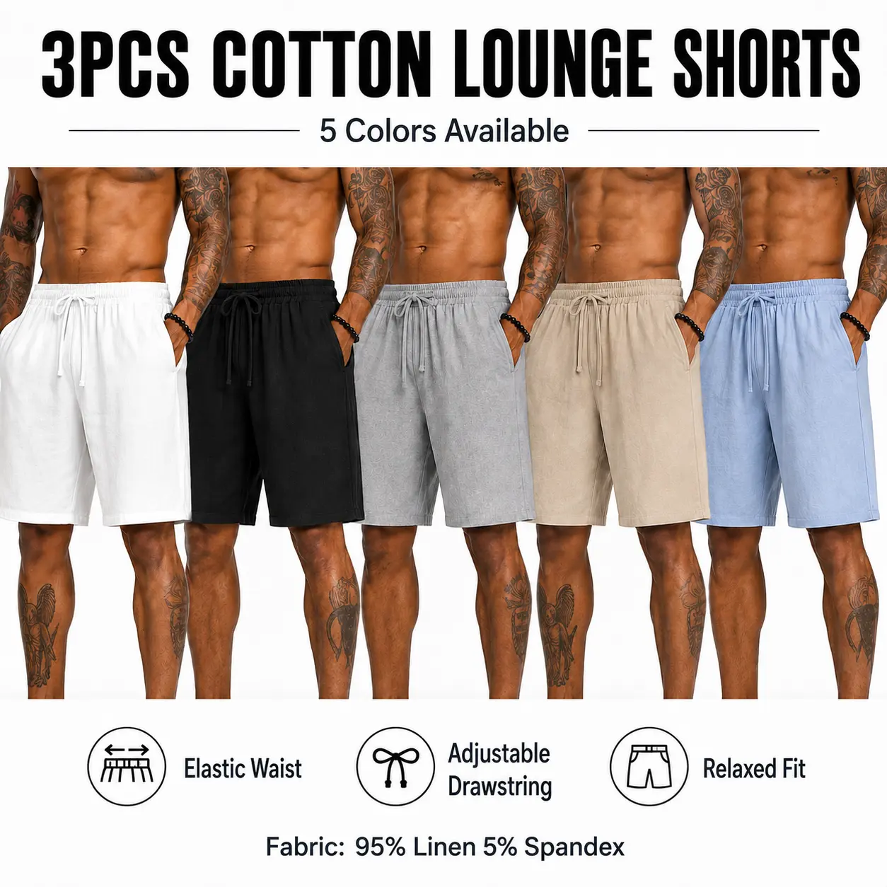 3-pack linen shorts—lightweight, stretchy, breathable for summer; wear-resistant, retains shape/color, no pilling. Men’s drawstring waist shorts suitable for sports, casual wear, everyday use, vacations, and beachwear.