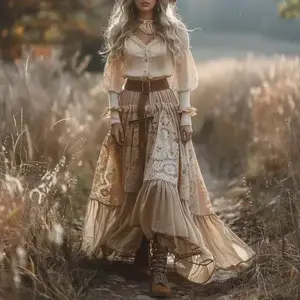 Cross-border European and American retro V-neck lace women's long-sleeved long skirt pastoral style casual swing dress