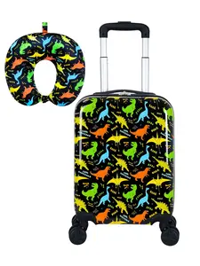 2Pcs Kids Dinosaur Luggage Set - Hard Shell Carry On Suitcase with Spinner Wheels + U-Shaped Neck Pillow, Colorful Dinosaur Print Travel Trolley for Boys