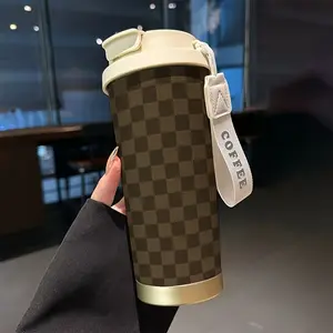 Premium Plaid Coffee Cup, 530ML Insulated Travel Mug with Straw and Lid, Leak-Proof Handle, Suitable for Hot/cold Drinks