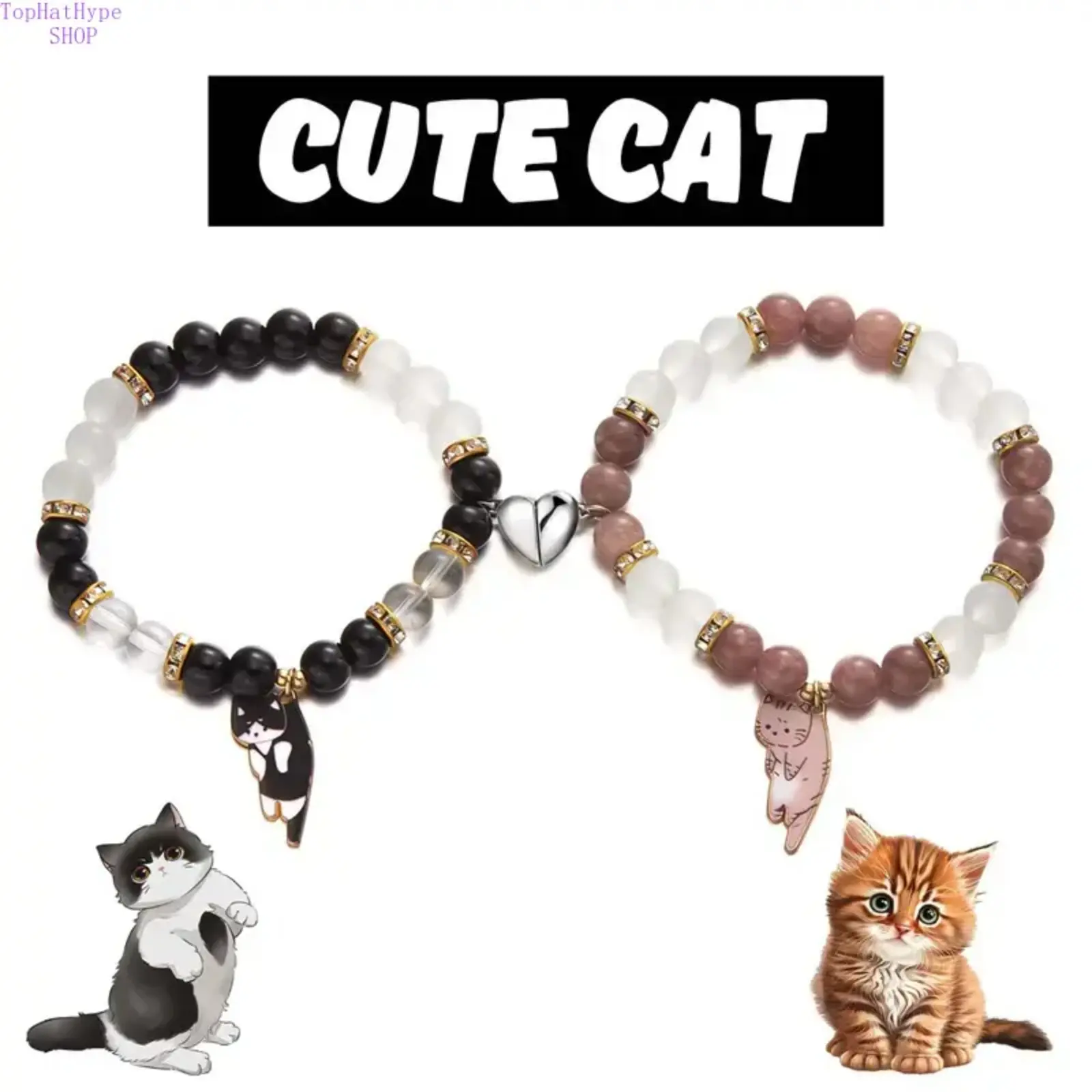 Couples' 2-Pcs Magnetic Beaded Bracelet Set - His and Hers Cute Cat Heart Jewelry, Romantic Bracelet Set for Romantic Love Gifts, Gifts For Boyfriend, Boyfriend Gifts