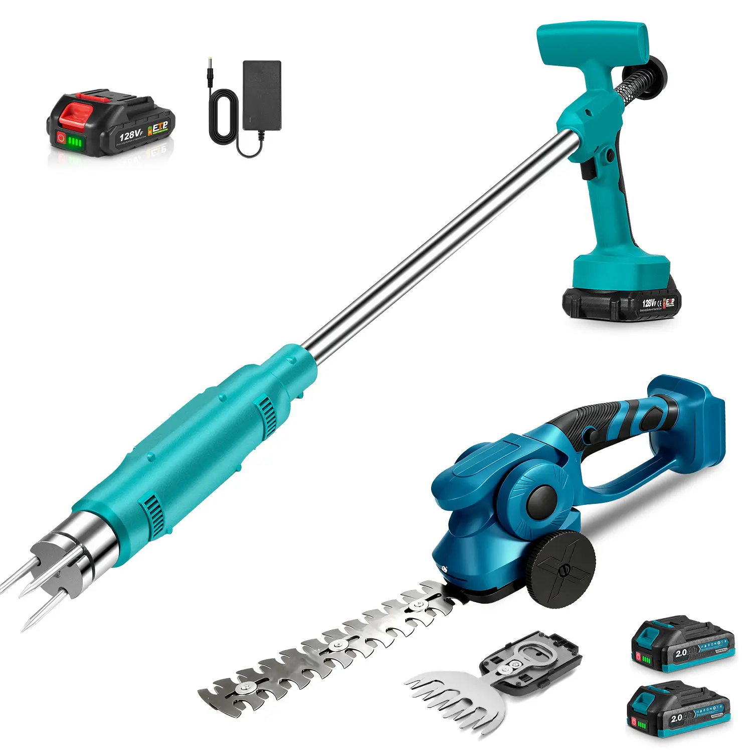 YOFIDRA Electric Weed Puller and Grass Hedge Trimmer Combo Kit, 2-in-1 Cordless Garden Tool Set with 20,000 RPM Motor, 3-Claw Steel Head, 130mm & 220mm Blades, 90° Adjustable Head, 2 Batteries for Garden Yard