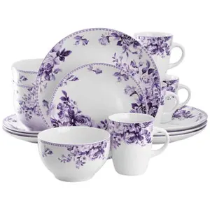Elama 16-Piece Aesthetic Traditional Purple Rose Stoneware Tableware Set - Cutlery-Included, Dishwasher Safe, Ideal for 4 People