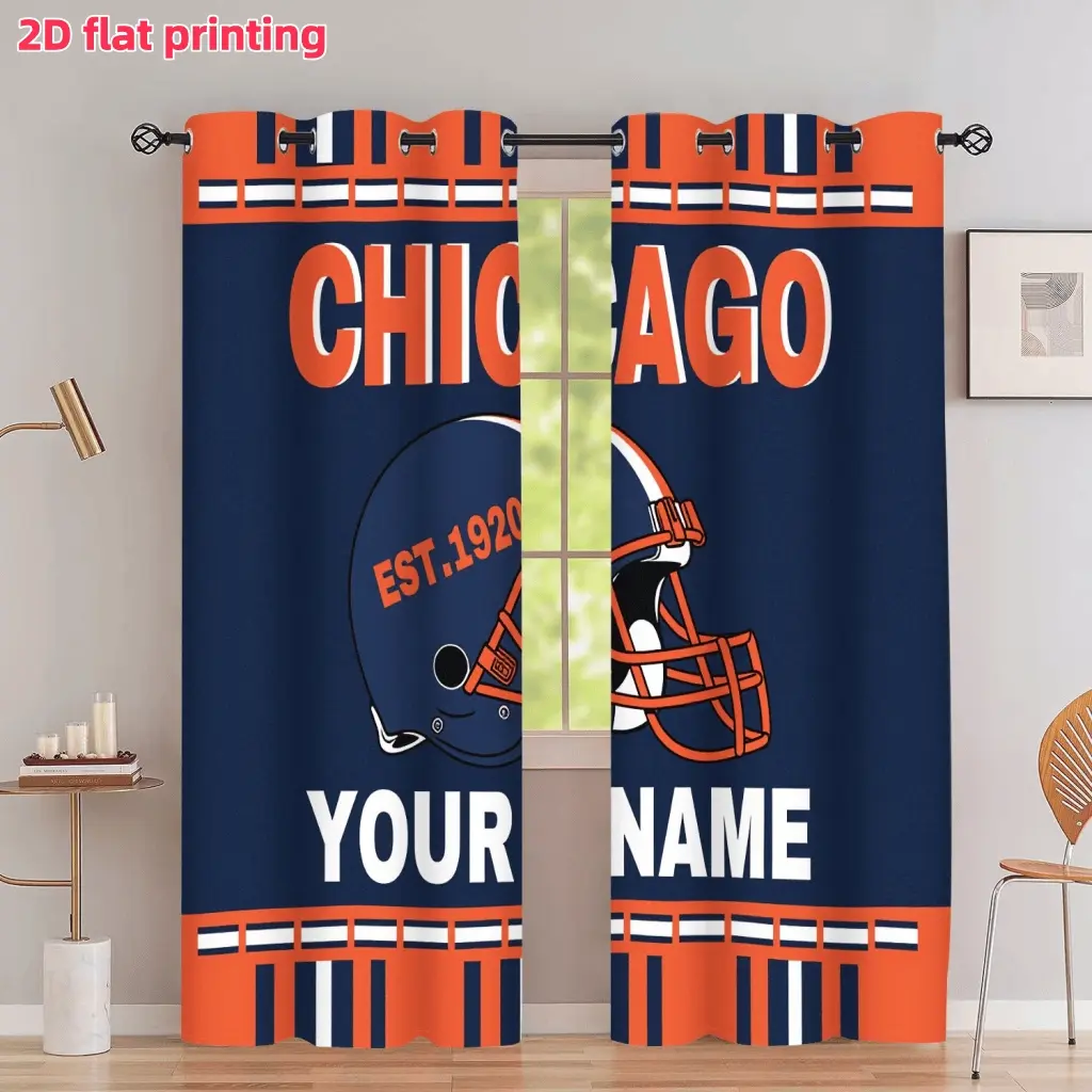 2D Flat 2Pcs Personalized Custom Chicago Football Theme Curtains, Navy Blue and Orange Sports Helmet Design with Your Name, Grommet Top Semi Sunshade Window Drapes, Suitable for Living Room Bedroom Man Cave Decor, Anti Privacy