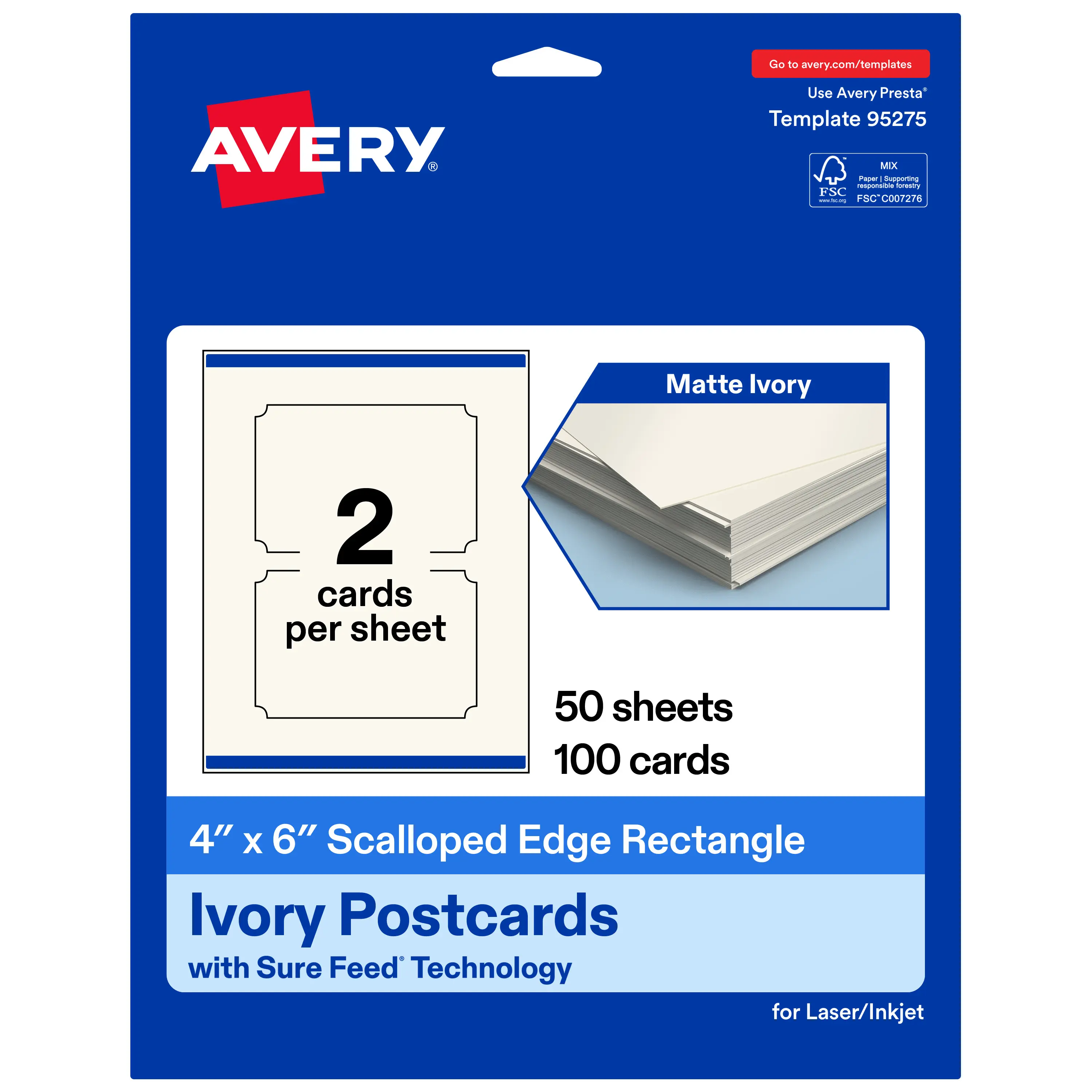 Avery 4" x 6" Rectangle Scalloped, Matte Ivory Postcards